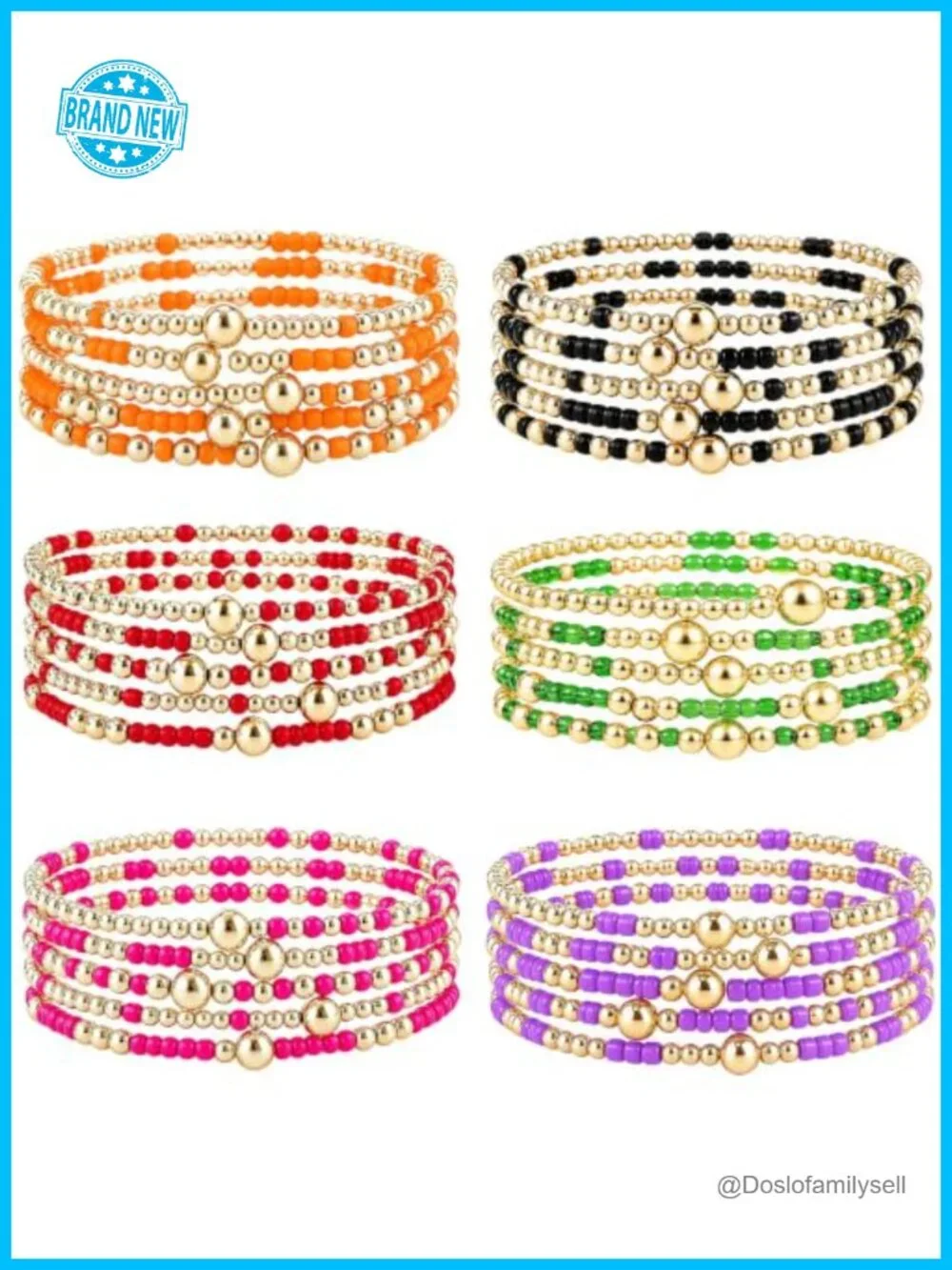 6-Piece Boho Stretch Seed Bead Bracelet Set with Gold Beads, Flower Charm
